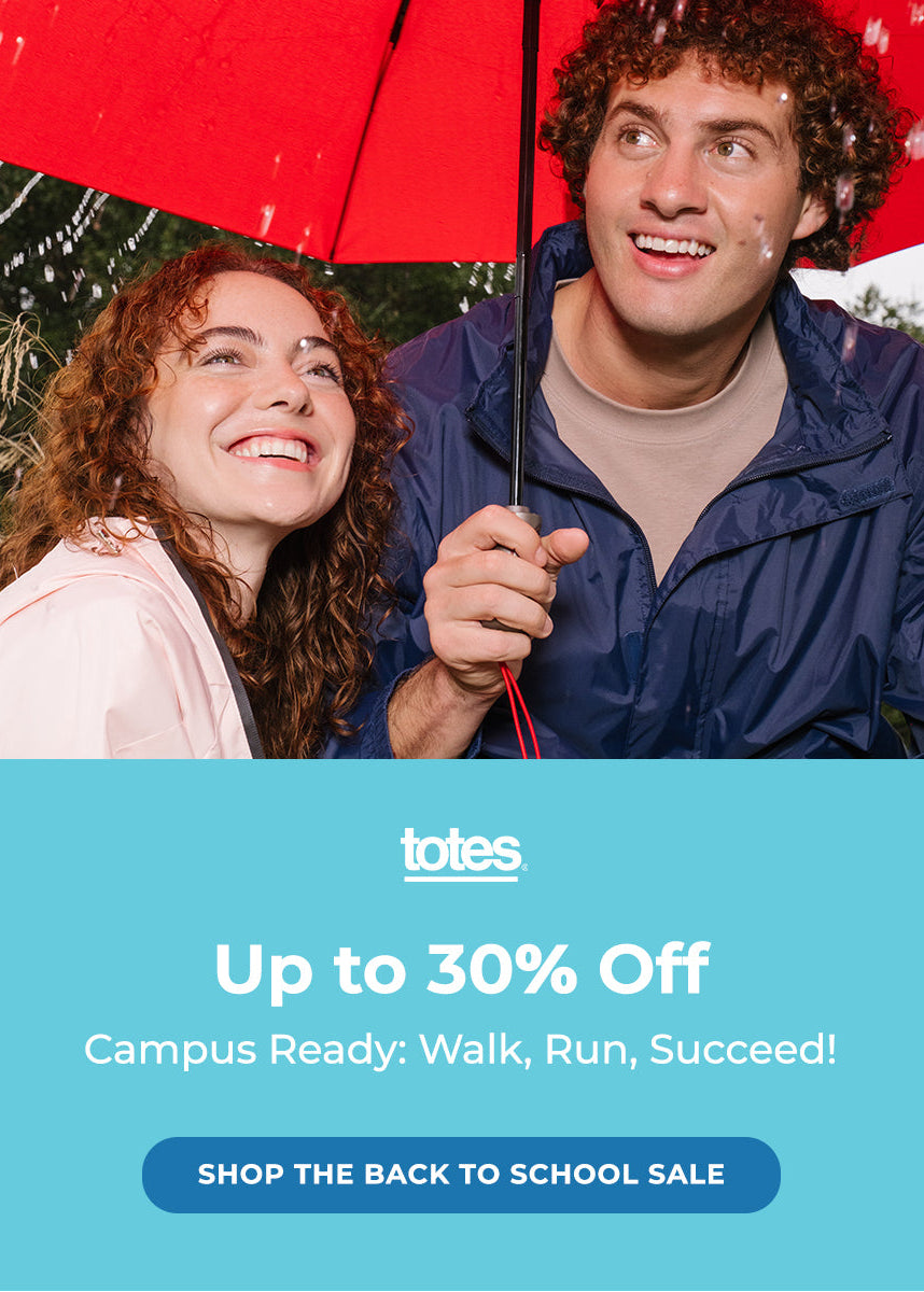Promotional banner for Totes featuring a smiling couple under a red umbrella, with text reading 'Up to 30% Off Campus Ready: Walk, Run, Succeed!' and 'SHOP THE BACK TO SCHOOL SALE'.