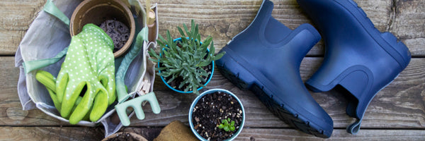 Cirrus Chelsea Rain Boots Flatlay with gardening supplies