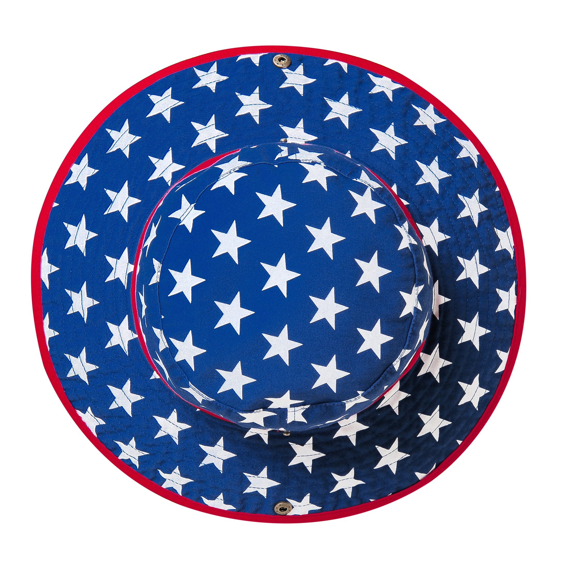 Red, white, and blue hat with American flag design on a white background