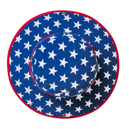 Red, white, and blue hat with American flag design on a white background