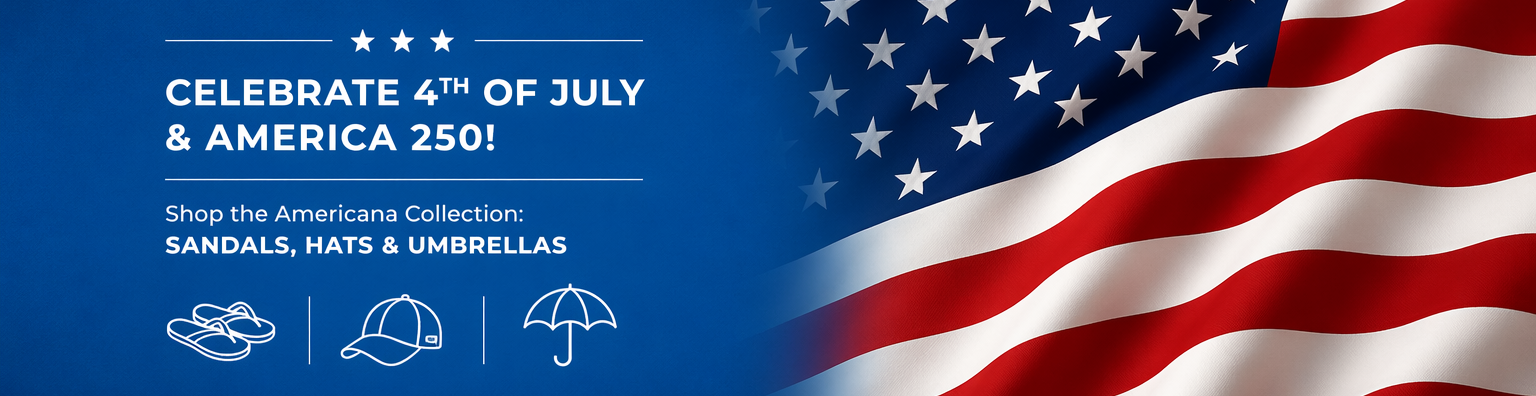 Promotional banner with American flag, text celebrating 4th of July and America's 250th anniversary, and icons for sandals, hats, and umbrellas.