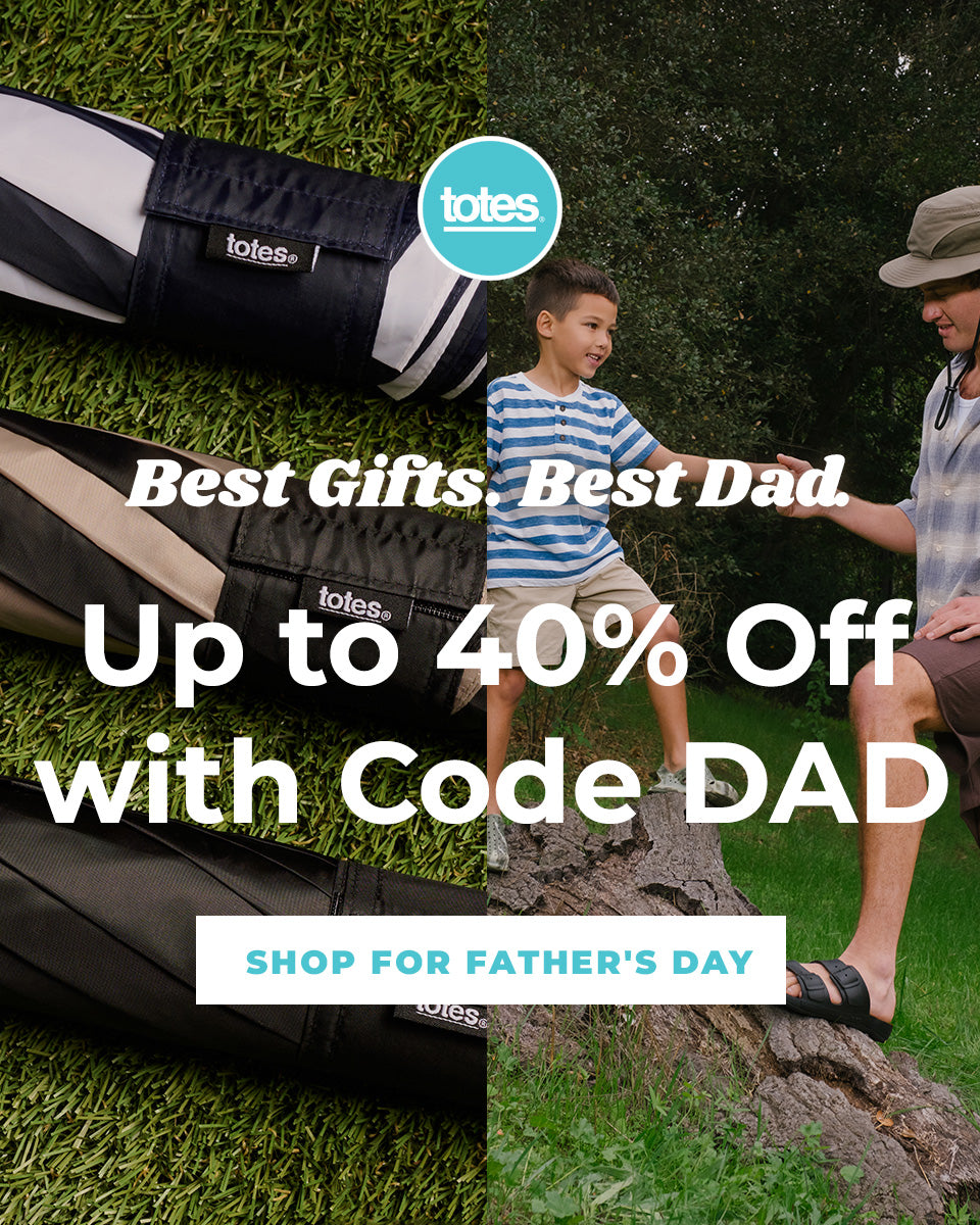 Father and son with golf bags, promoting Father's Day gift ideas and a discount code.