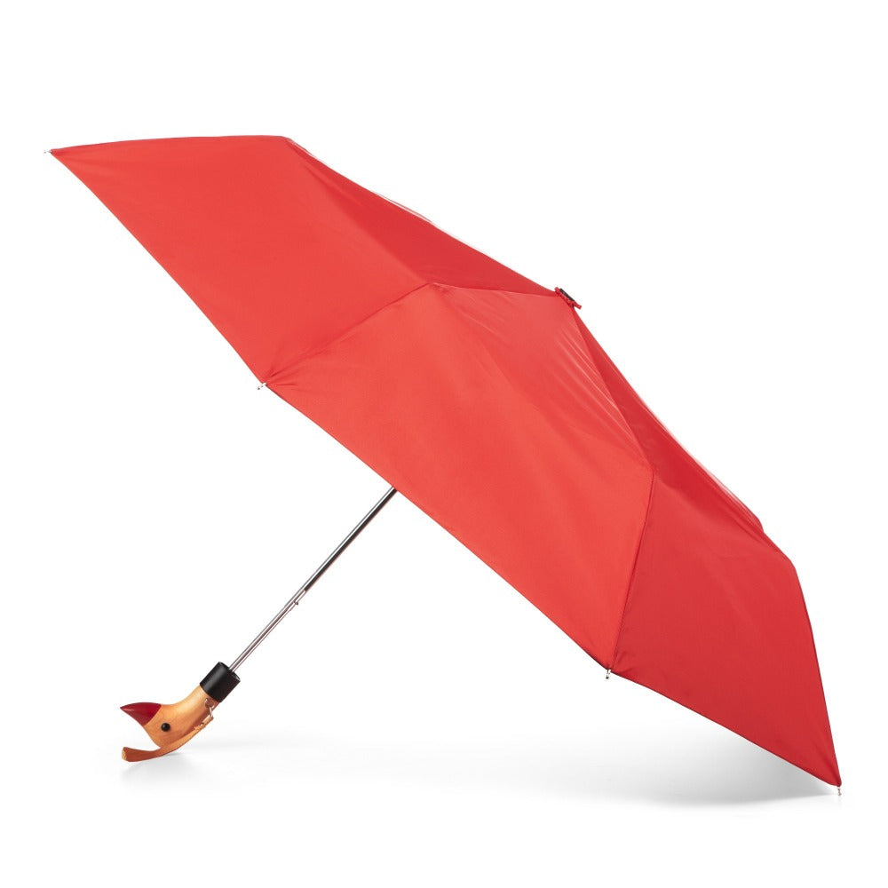 Wooden Duck Handle Auto Open Umbrella in Red Open Side Profile