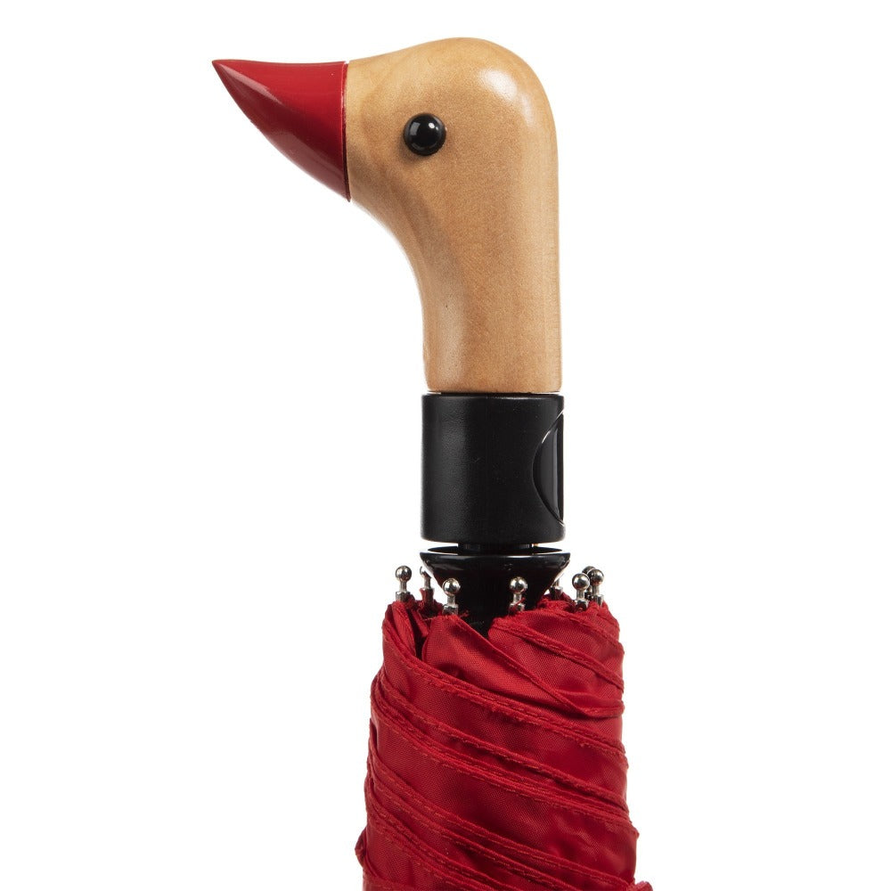 Wooden Duck Handle Auto Open Umbrella in Red Closed Close Up Duck Handle