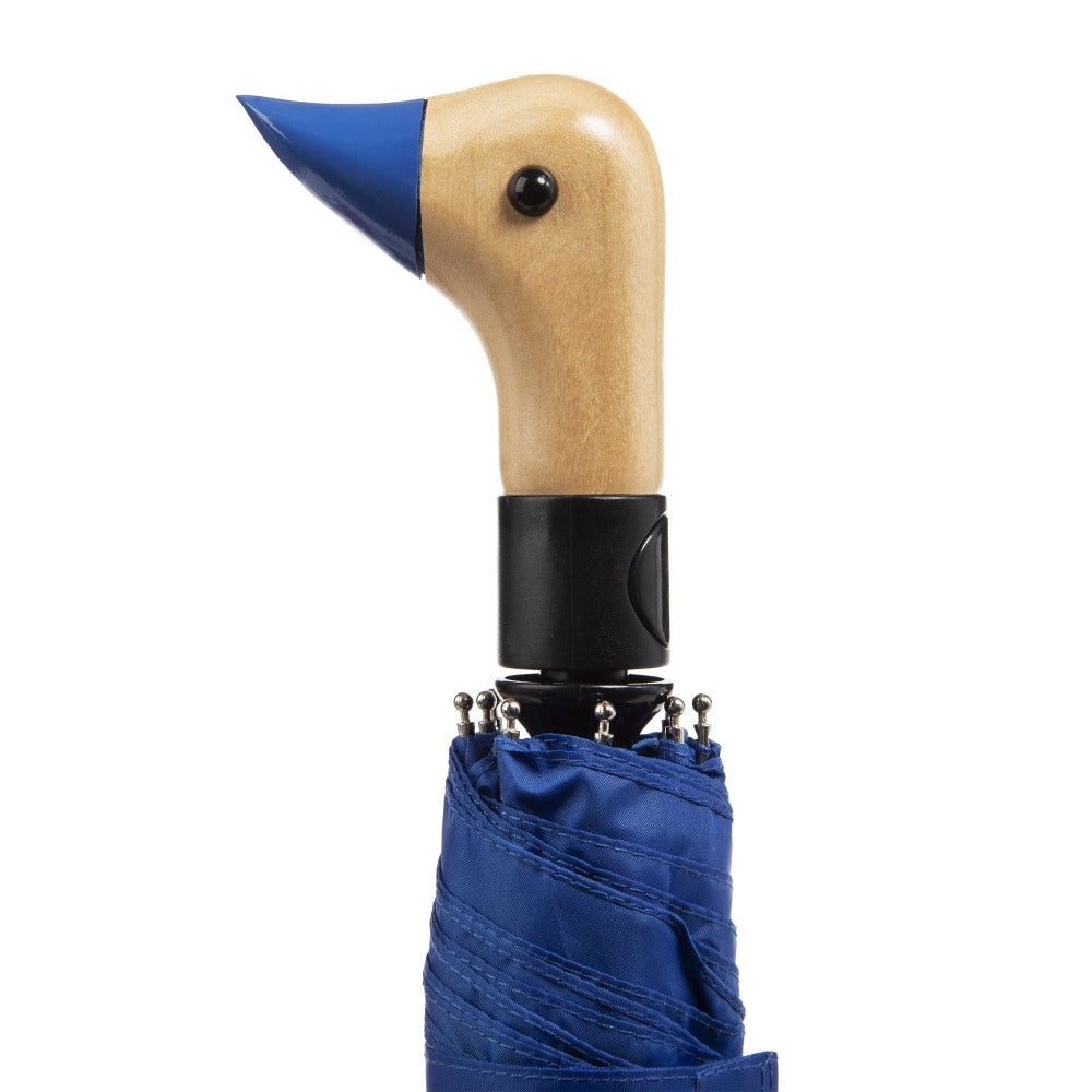Wooden Duck Handle Auto Open Umbrella in Victoria Blue Closed Close Up Duck Handle