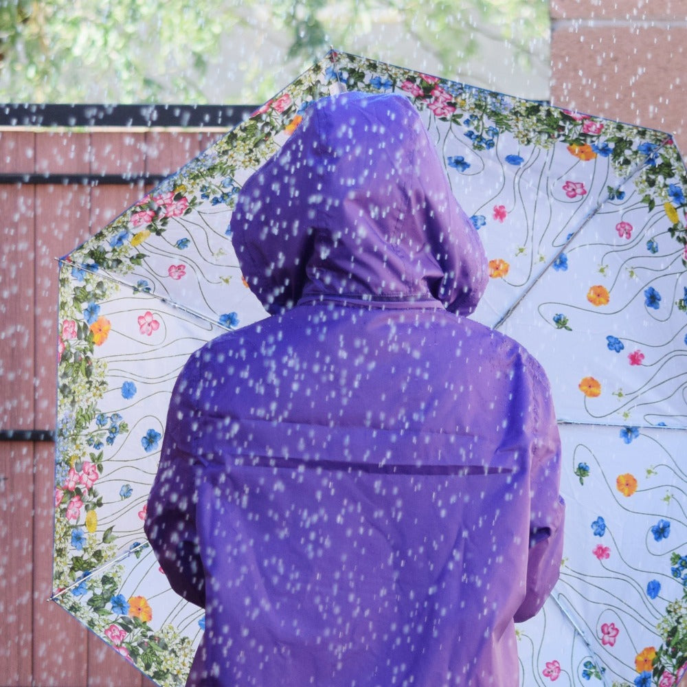 Under Canopy Print Auto Open Close Umbrella in Flower Garden With Model and Purple Rain Slicker
