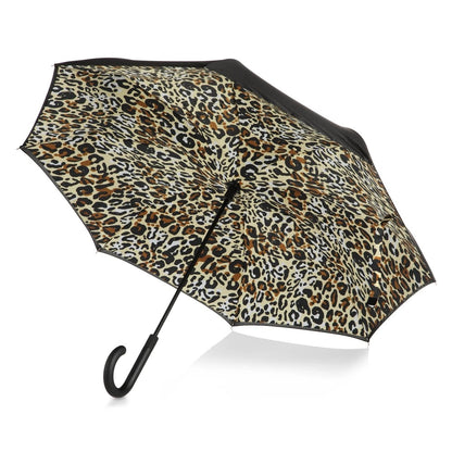 InBrella Reverse Close Umbrella in Honey Leopard Open Under Canopy