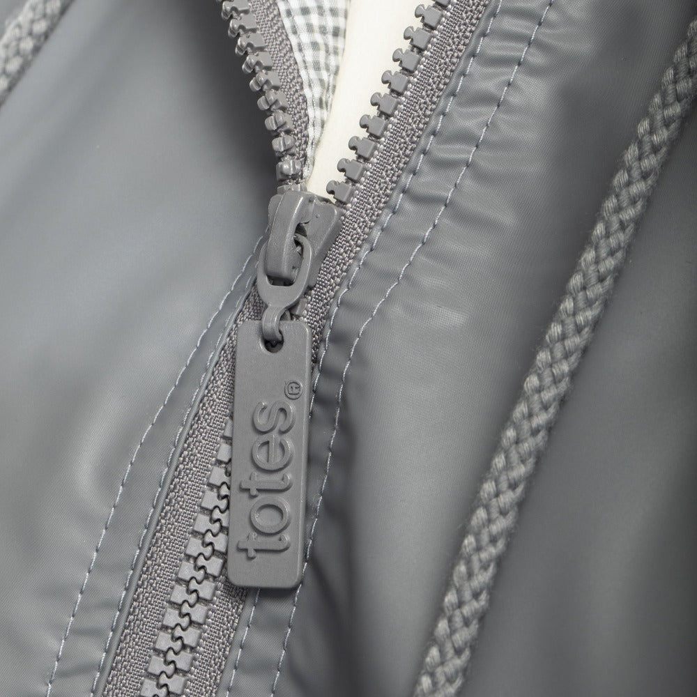 Lined Rain Slicker in Charcoal Zipper Close Up