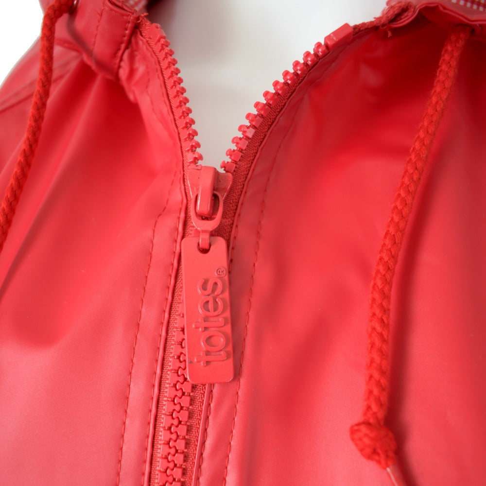 Lined Rain Slicker in Red close up on zipper