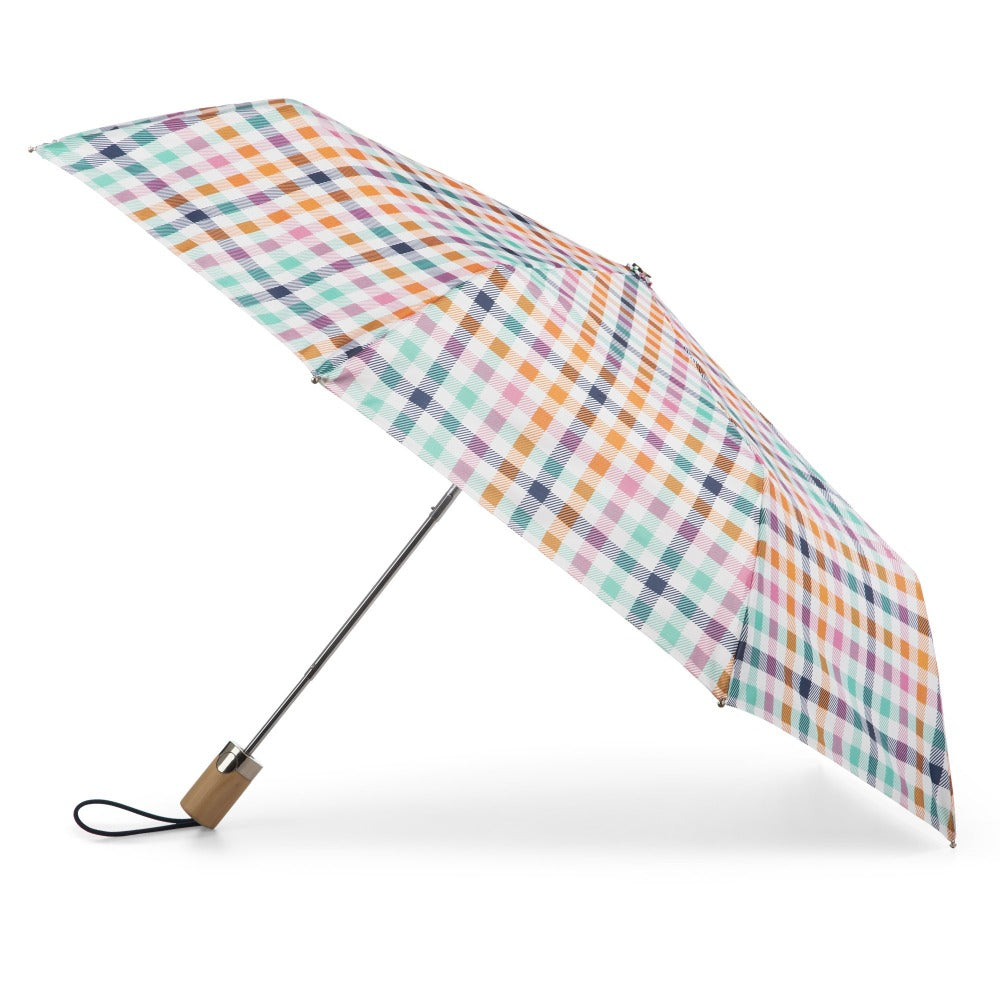 Limited-Edition Auto Open Umbrella in Rainbow Gingham Open Side Profile