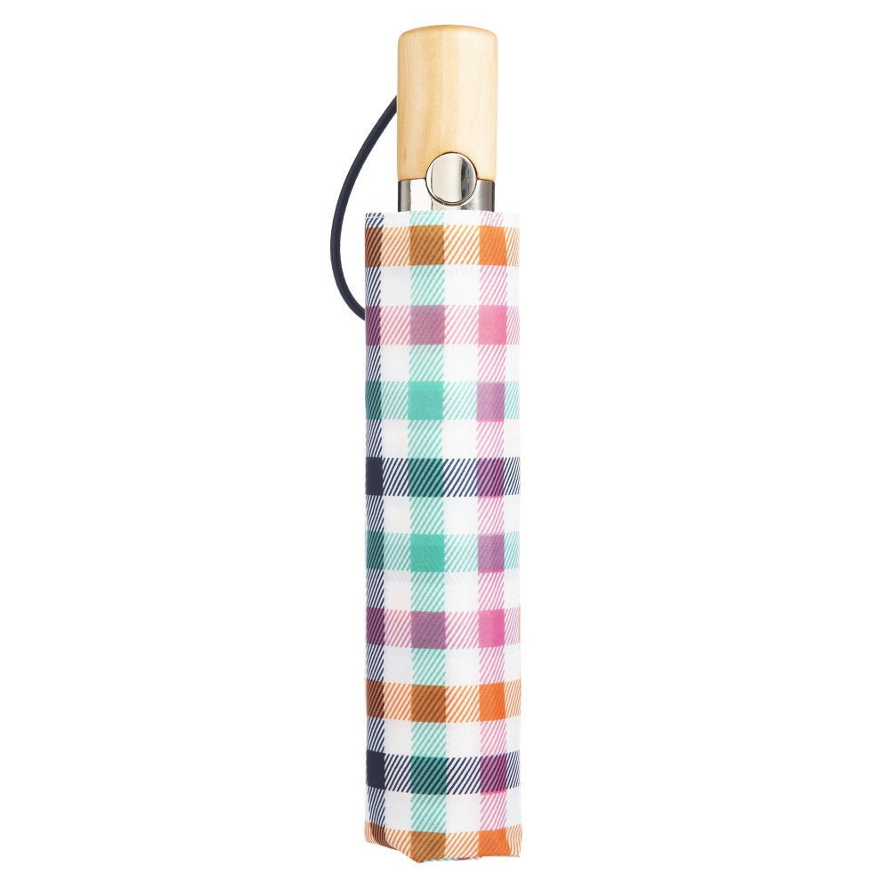 Limited-Edition Auto Open Umbrella in Rainbow Gingham Closed in Carrying Case