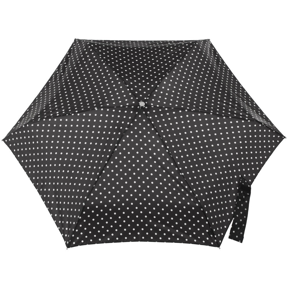 Mini Manual Umbrella With Neverwet in Black/White Swiss Dot Open Top View