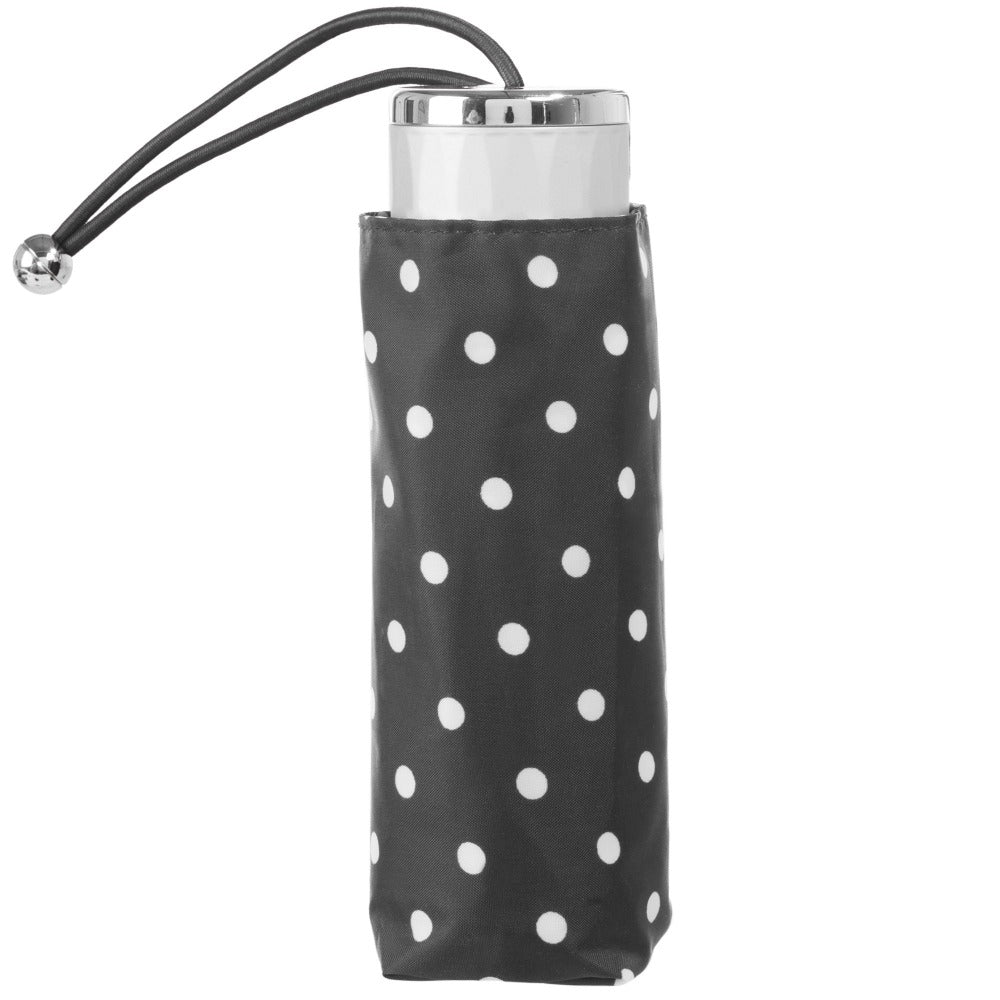 Mini Manual Umbrella With Neverwet in Black/White Swiss Dot Closed in Carrying Case