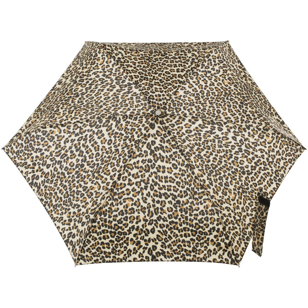Mini Manual Umbrella With Neverwet in Leopard Spotted Open Top View