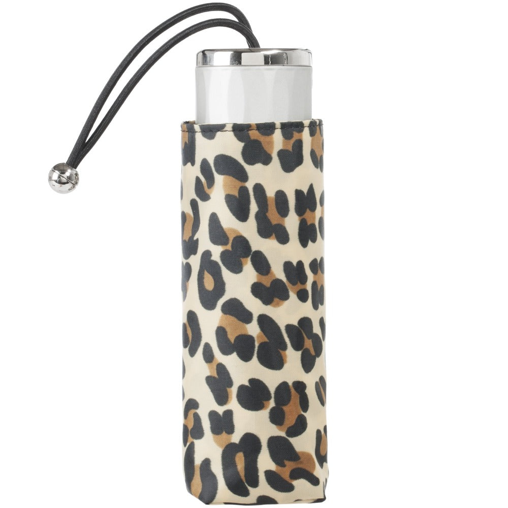 Mini Manual Umbrella With Neverwet in Leopard Spotted Closed in Carrying Case