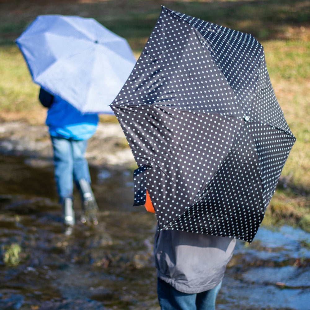 Mini Manual Umbrella With Neverwet in Black/White Swiss Dot With Model