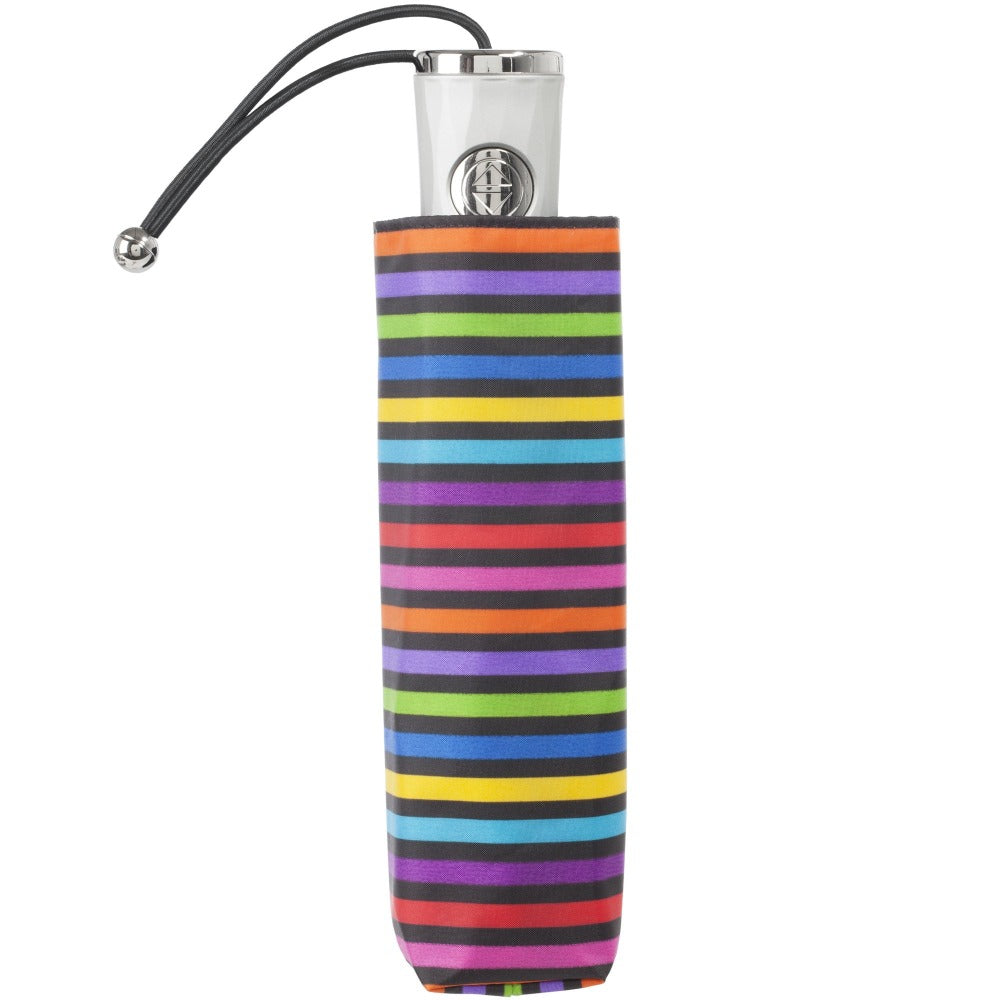 Mini Auto Open Close Neverwet And Sunguard Umbrella in Skinny Stripe Closed in Carrying Case