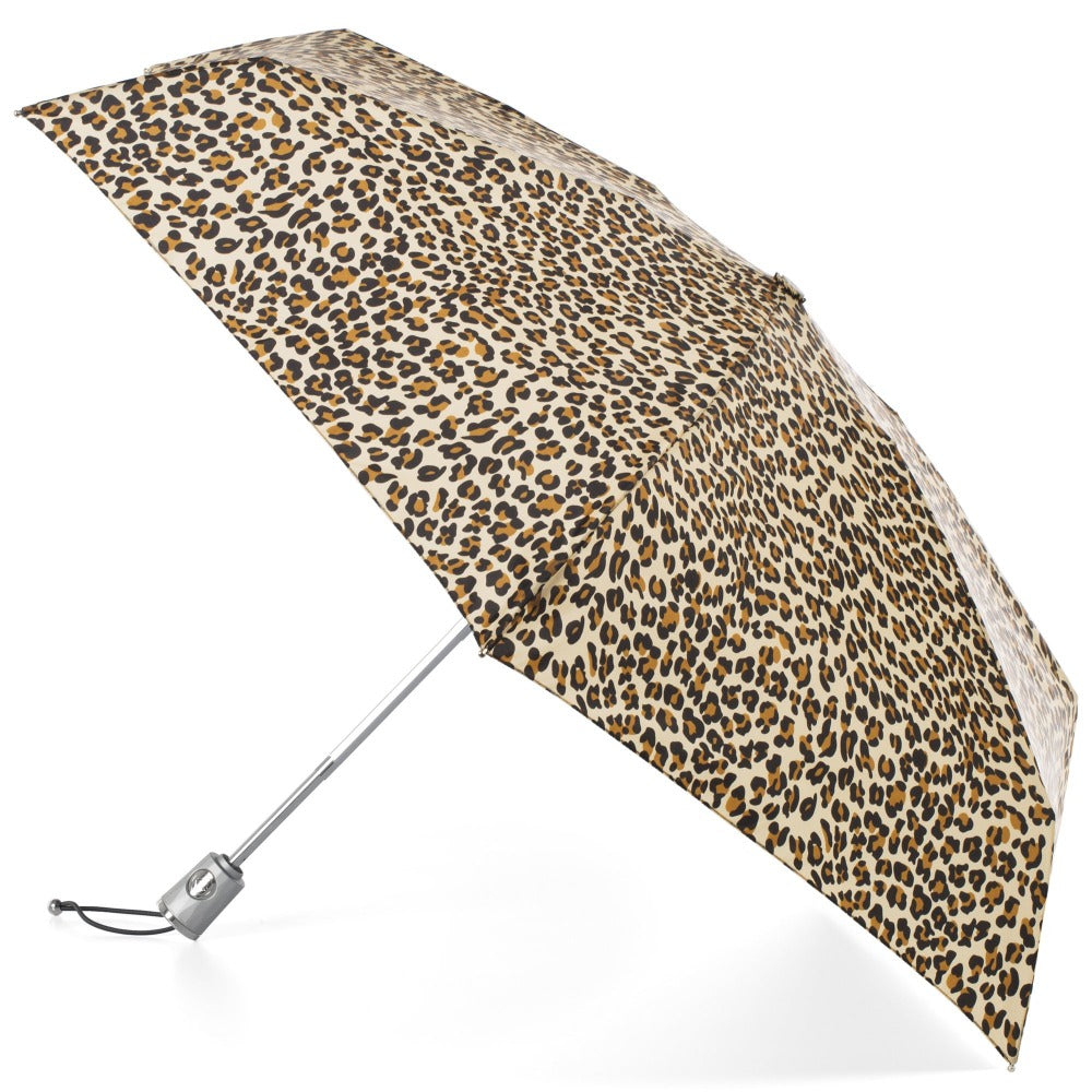 Mini Auto Open Close Neverwet And Sunguard Umbrella in Leopard Spotted Open Side Profile