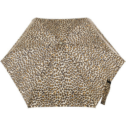 Mini Auto Open Close Neverwet And Sunguard Umbrella in Leopard Spotted Open Top View