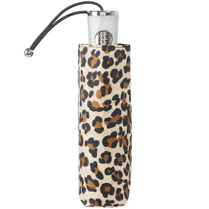 Mini Auto Open Close Neverwet And Sunguard Umbrella in Leopard Spotted Closed in Carrying Case