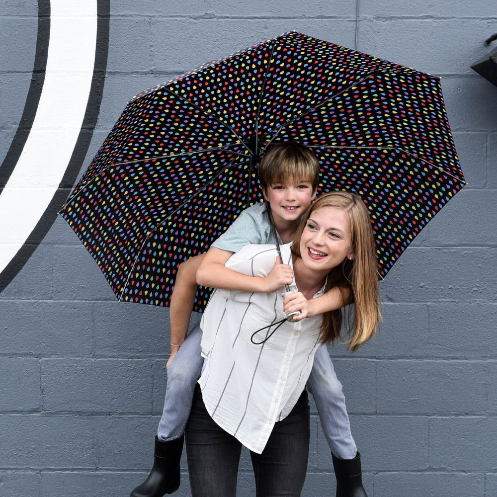 Mini Auto Open Close Neverwet And Sunguard Umbrella in Black With Models Mother and Son