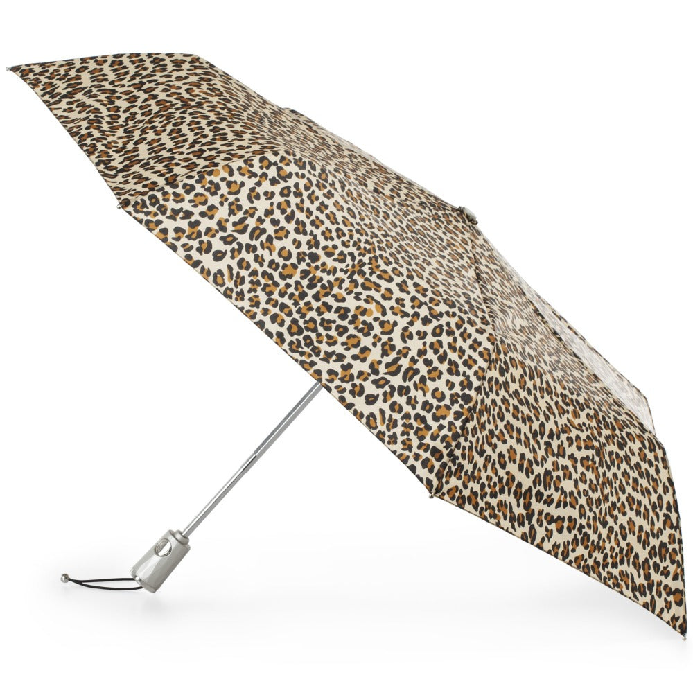 Sunguard Auto Open Close Umbrella With Neverwet in Leopard Spotted Open Side Profile