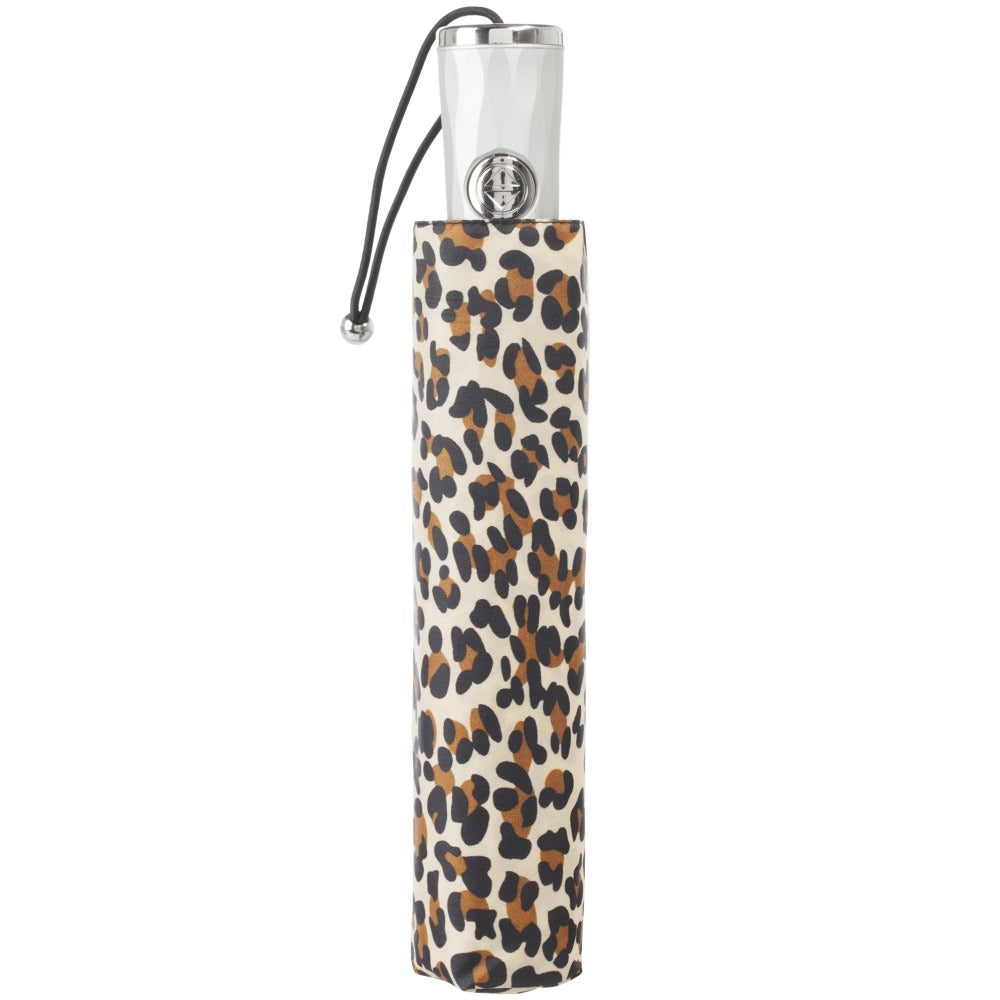 Sunguard Auto Open Close Umbrella With Neverwet in Leopard Spotted Closed in Carrying Case