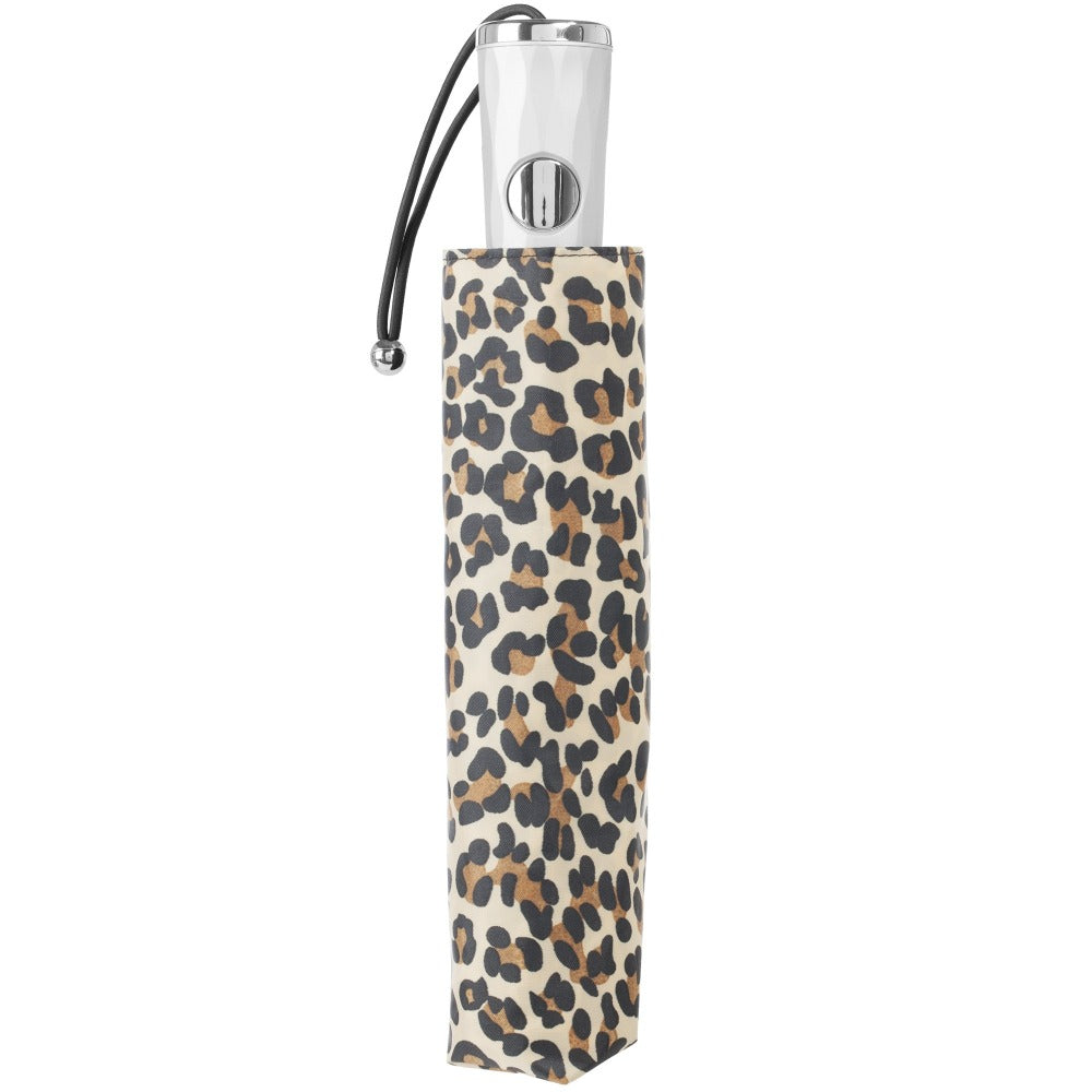 Signature Auto Open Umbrella With Neverwet in Leopard Spotted Closed in Carrying Case