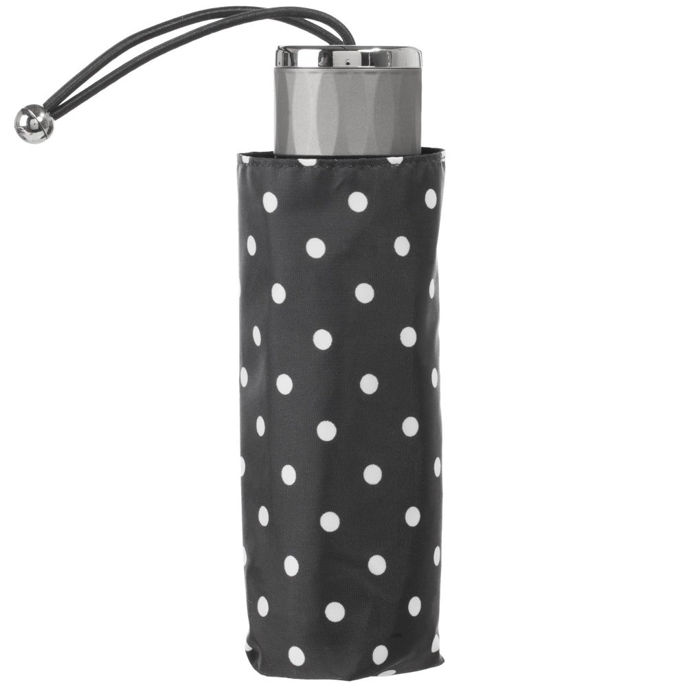 Titan Mini Manual Umbrella with NeverWet in Black/Swiss Dot Closed in Carrying Case