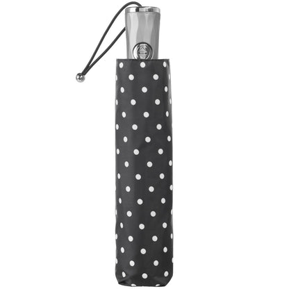 Titan Large Auto Open Close Neverwet Umbrella in Black/Swiss Dot Closed in Carrying Case