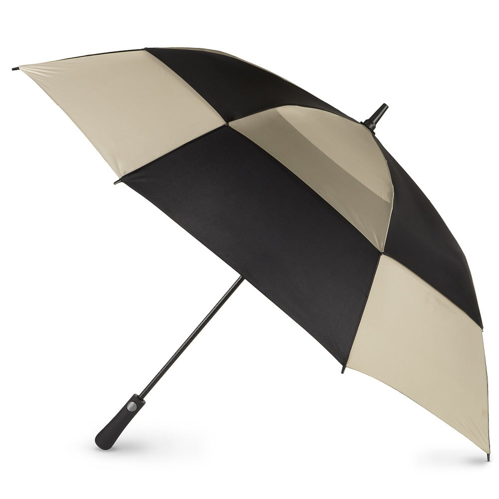 Blue Line Golf Size Auto Open Vented Golf Stick Umbrella in Black/Tan Open Side Profile