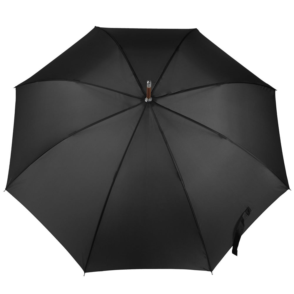 Blue Line Auto Wooden Stick Umbrella in Black Open Top View