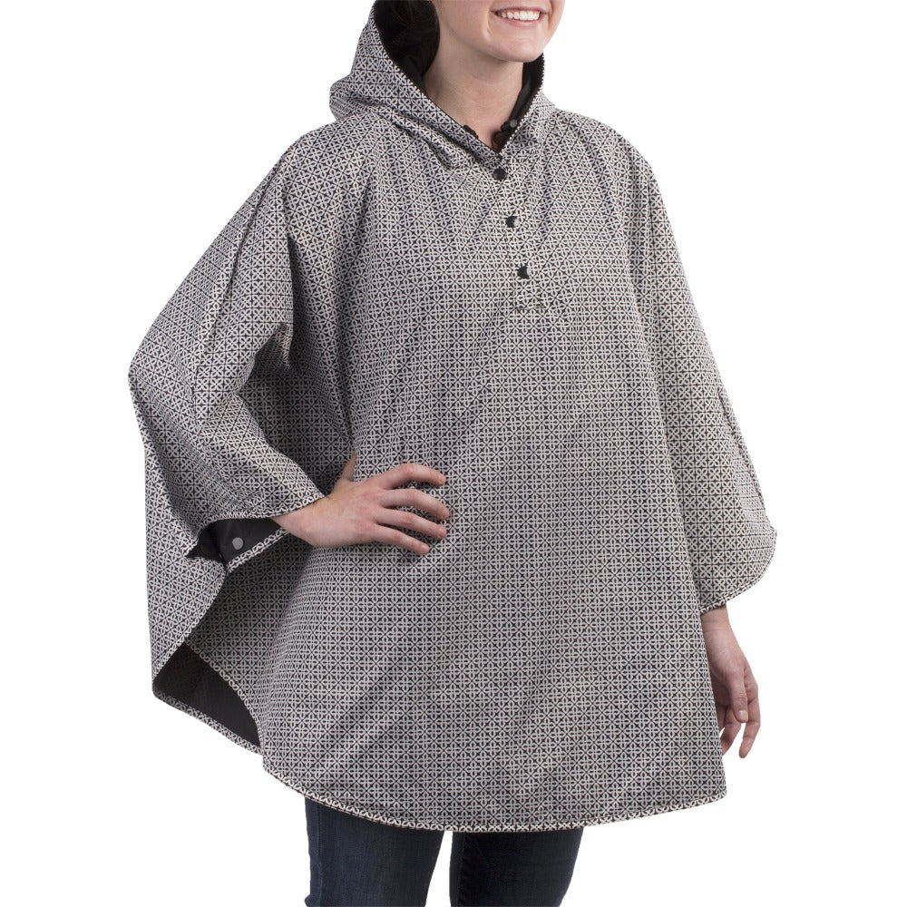 Reversible Rain Poncho in Black Reversed on Model Right Angled Side View