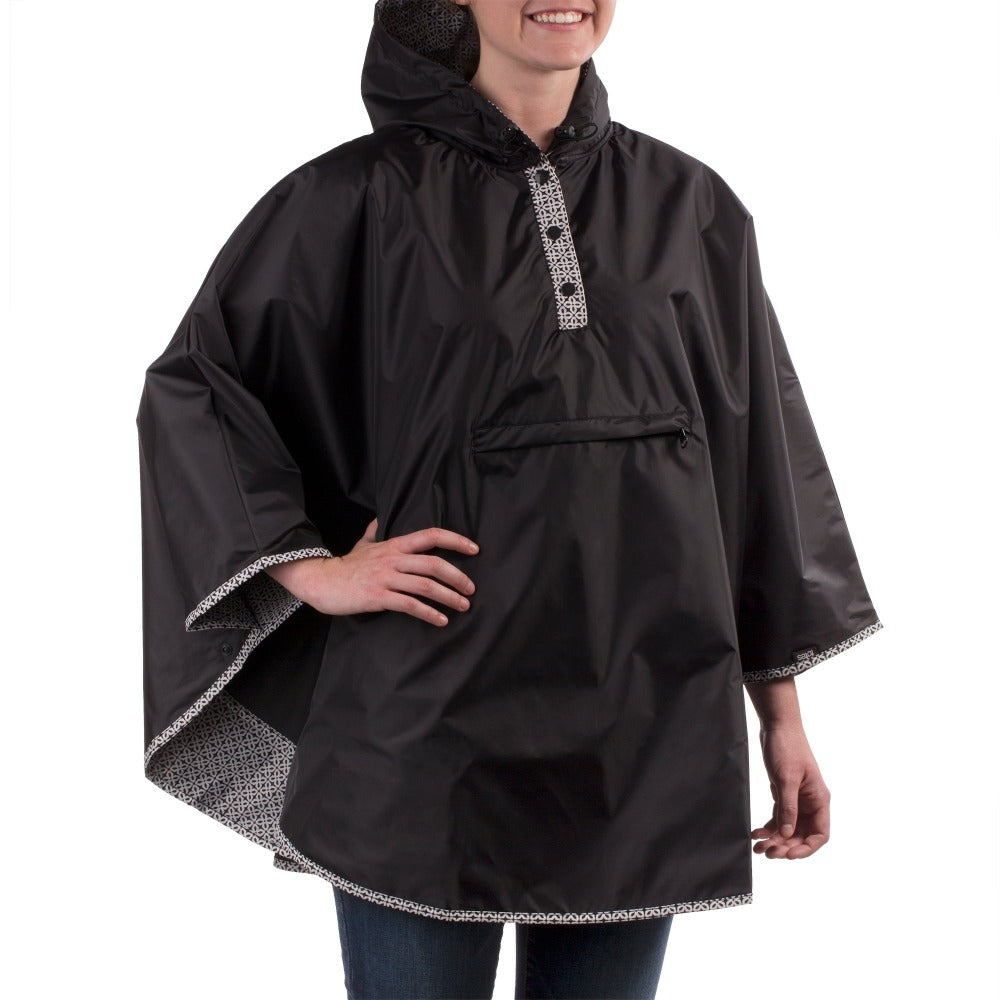 Reversible Rain Poncho in Black on Model Right Angled Side View