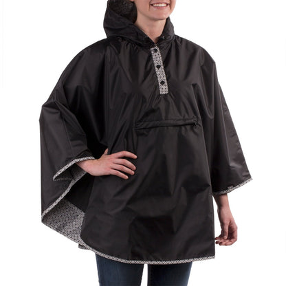 Reversible Rain Poncho in Black on Model Right Angled Side View