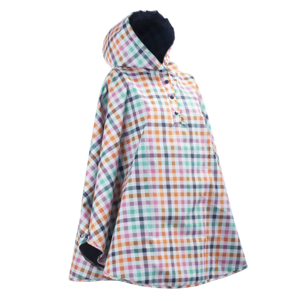 Reversible Rain Poncho in Rainbow Gingham Reversed Right Angled Side View