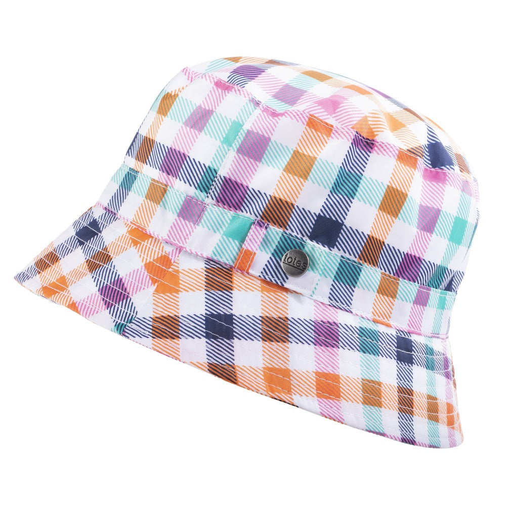 Bucket Rain Hat in Rainbow Gingham Side Profile