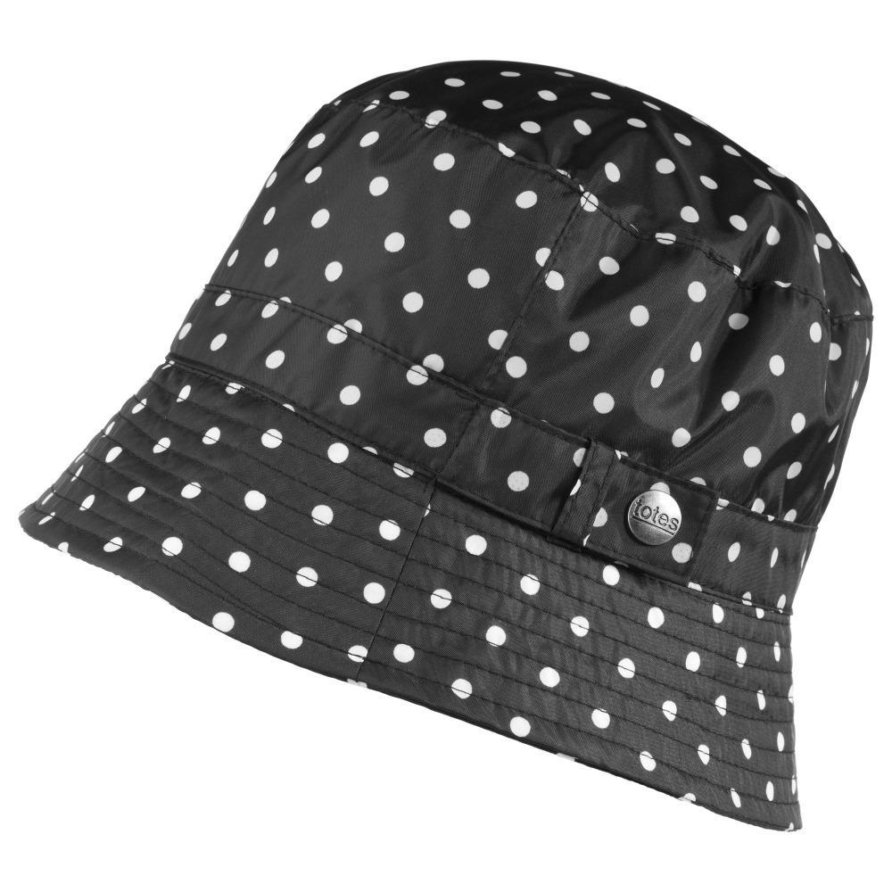 black totes rain hat with white dots