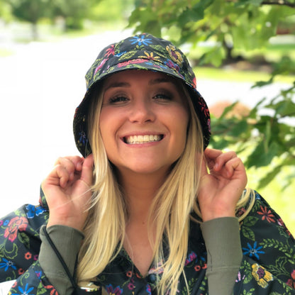 Bucket Rain Hat in Embroidered Floral On Model with Matching Poncho